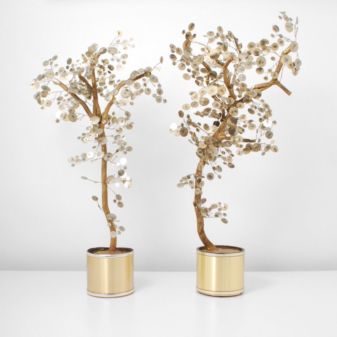 Pair of "Raindrop" Tree Sculptures, Curtis Jere: Designer & Manufacturer: Curtis Jere, Attributed; Artisan House Markings: none Country of Origin & Materials: USA; brass, other Additional Information & Circa: Pair of raindrop floor tree sculptures a
