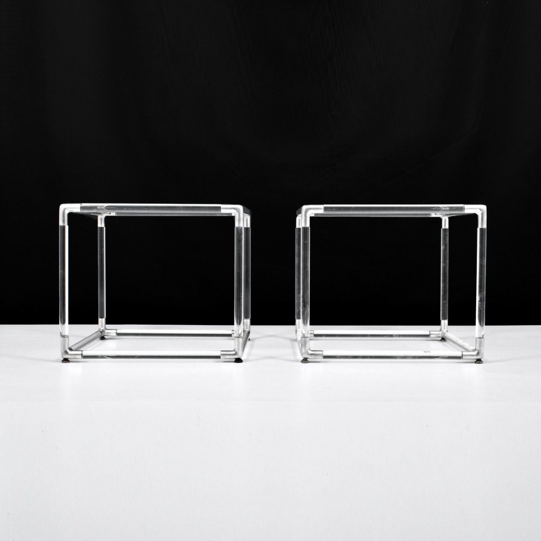 Charles Hollis Jones End Tables: Designer & Manufacturer: Charles Hollis Jones Markings: none Country of Origin & Materials: USA; lucite, aluminum Additional Information & Circa: Pair of lucite end/side tables by Charles Hollis Jones