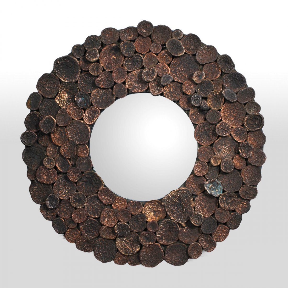 Incredible Bronze Brutalist Mirror: Markings: none Country of Origin & Materials: unknown; mirror, bronze Additional Information & Circa: Incredible brutalist mirror with convex (fish eye) mirrored center; 20th Century Dimensions: 40"di
