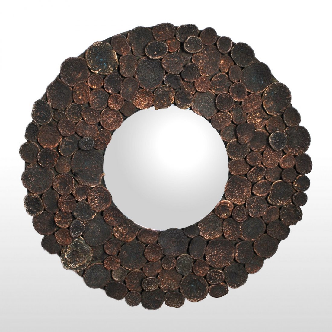 Incredible Bronze Brutalist Mirror: Markings: none Country of Origin & Materials: unknown; mirror, bronze Additional Information & Circa: Incredible brutalist mirror with convex (fish eye) mirrored center; 20th Century Dimensions: 40"di