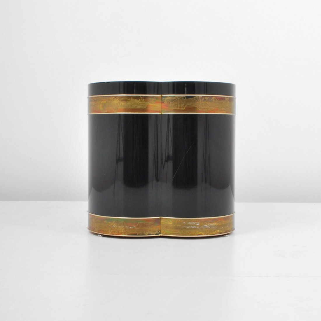 Bernhard Rohne Occasional Table: Designer & Manufacturer: Bernhard Rohne; Mastercraft Markings: marked Country of Origin & Materials: USA; laminate, brass Additional Information & Circa: Occasional table with etched brass design by B