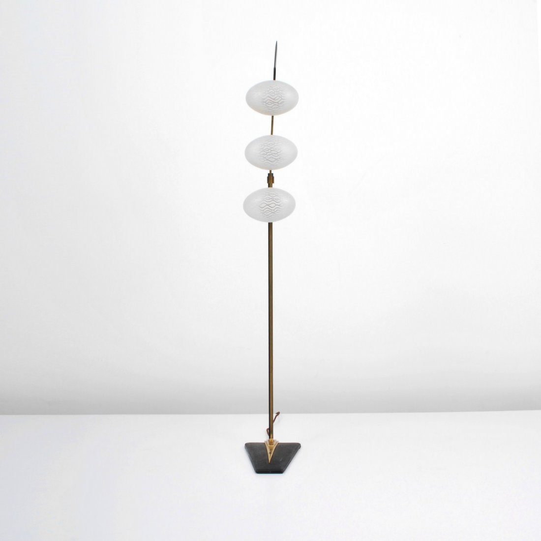 European Floor Lamp, Stilnovo: Designer & Manufacturer: Stilnovo, Manner of Markings: none Country of Origin & Materials: unknown; brass, glass, metal Additional Information & Circa: Sophisticated European floor lamp in brass with 