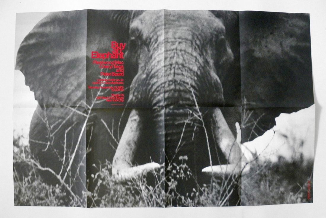 Peter Beard "Elephant" Poster Invitation +: Additional Information & Circa: Fleetwood Mac, Cheryl Tiegs and Peter Beard print invitation to "Save the Elephant Benefit" (poster photograph by Peter Beard). Invitation card to "Buy an Elephant" ben