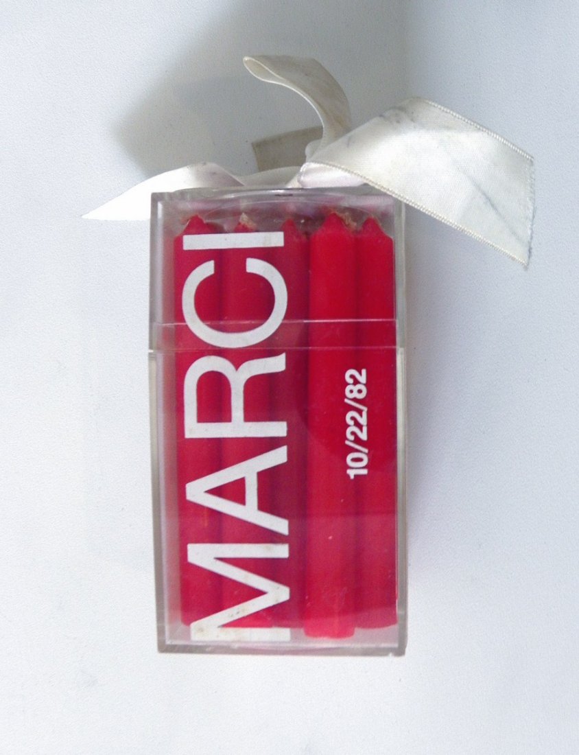 Candle Invitation to Marcie Klein Party +: Additional Information & Circa: Invitation (box of candles) from Calvin and Jayne Klein to celebrate Marcie Klein's birthday party at Studio 54, October 22, 1982. WWD with photographs of Marcie Klein'