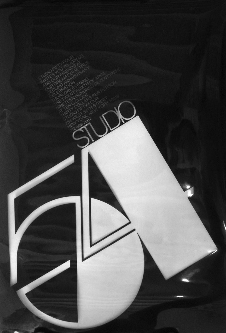 2nd Anniversary of Studio 54 Invitation; Drink Tic: Additional Information & Circa: Acetate invitation to the 2nd Anniversary of Studio 54, April 26, 1979. Complimentary drink ticket to Studio 54. Provenance: Estate of Steve Rubell Dimensions: 18"h, 12