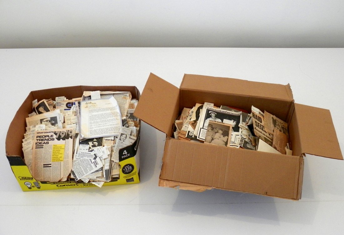 2 Boxes of Relevant News Clippings: Additional Information & Circa: Two boxes of relevent Studio 54-Steve Rubell news clippings, most from Burrells Clipping Service. Provenance: Estate of Steve Rubell Dimensions: