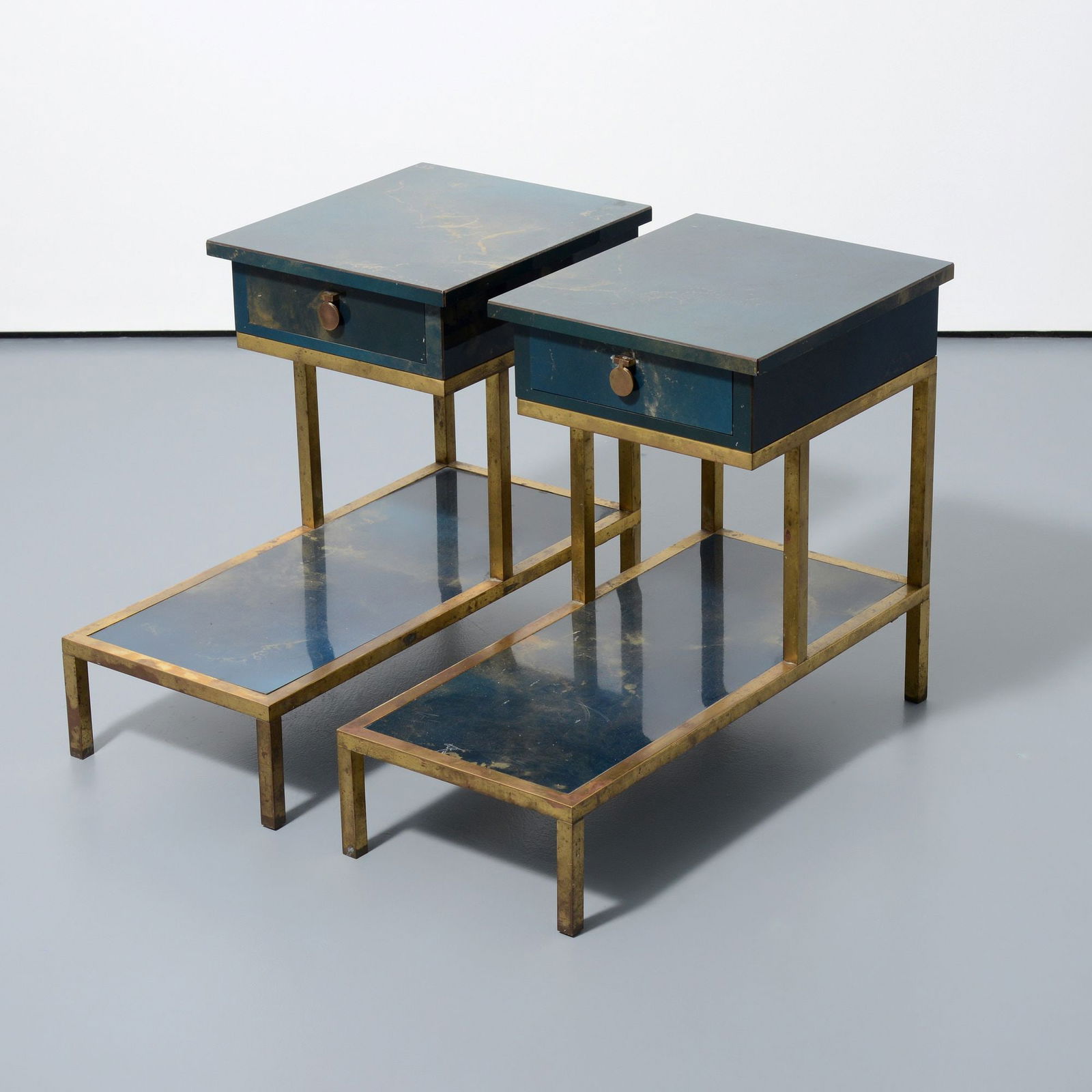 Pair of Guy Lefevre Side Tables / Nightstands: Artist/Designer; Manufacturer: Guy Lefevre (Malagasy, 1933-2018); Maison Jansen (France)Marking(s); notes: no marking(s) apparentMaterials: lacquered wood, brass