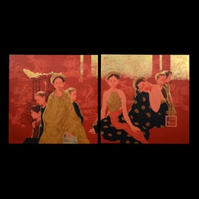 Bui Huu Hung Lacquer Painting, 96"W Diptych