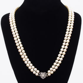 14K Gold, Pearl & Diamond Heart Estate Necklace