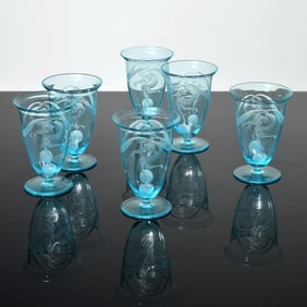 6 Art Deco Glasses, Manner of Vicke Lindstrand, Female Nude