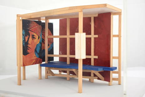 Dennis Adams Sculpture, BUS SHELTERS Series: Artist/Designer; Manufacturer: Dennis Adams (American, b. 1948)Marking(s); notes: signed; 1984Materials: painted wood/mixed media with print collage in acrylic display case