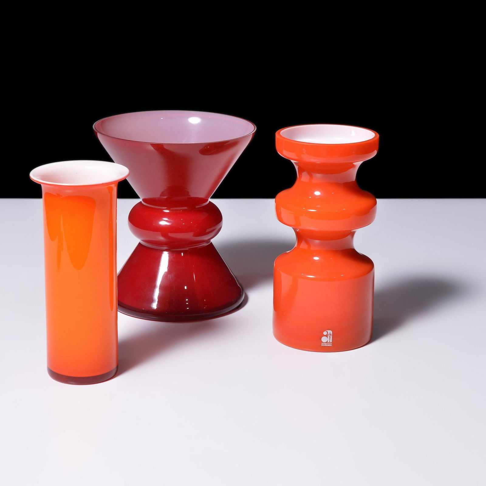 3 Vases: Michael Bang, Per Olof Strom...: Artist/Designer; Manufacturer: (1) Per Olof Strom (Swedish), Michael Bang (Danish), (1) unknown; Alsterfors (Sweden), Holmegaard (Denmark) Marking(s); notes: label to one, others unmarkedMateri