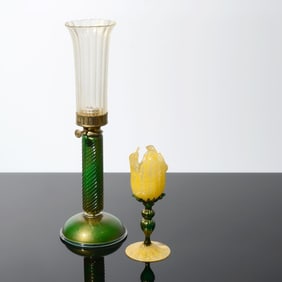 Floriform Vase & Converted Kerosene Table Lamp, Manner of L.C. Tiffany
