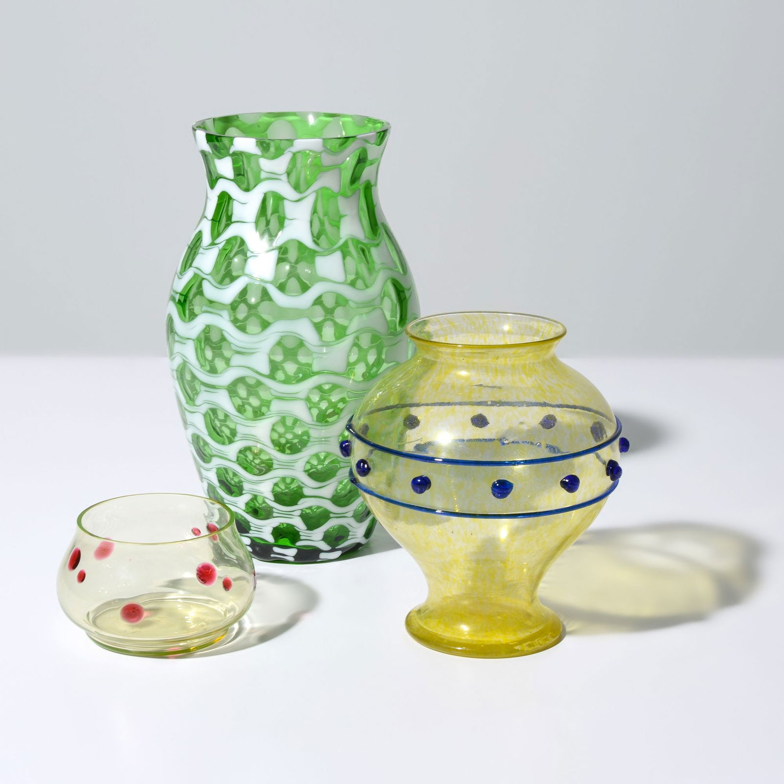 3 Vases, Manner of Czechoslovakian / Bohemian Art Glass: Artist/Designer; Manufacturer: unknownMarking(s); notes: no marking(s) apparentMaterials: glassDimensions (H, W, D): largest: 8.25"h, 4.