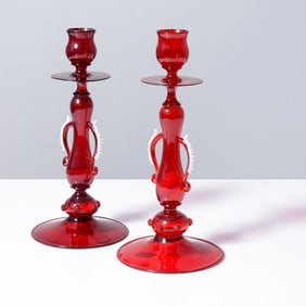 2 Murano Candlesticks Attributed to Salviati & Co., 12"H