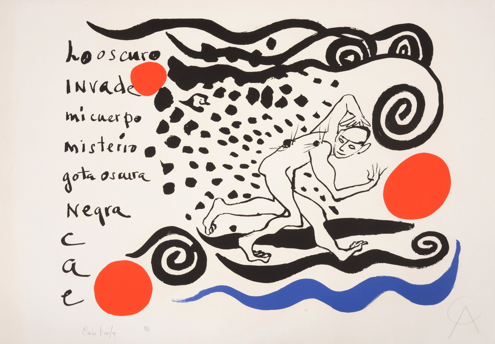 Alexander Calder LO OSCURO INVADE Lithograph: Artist/Designer; Manufacturer: Alexander Calder (American, 1898-1976)Marking(s); notes: signed (artist), signed (author Carlos Franqui); ed. 279/500; 1970Materials: lithograp