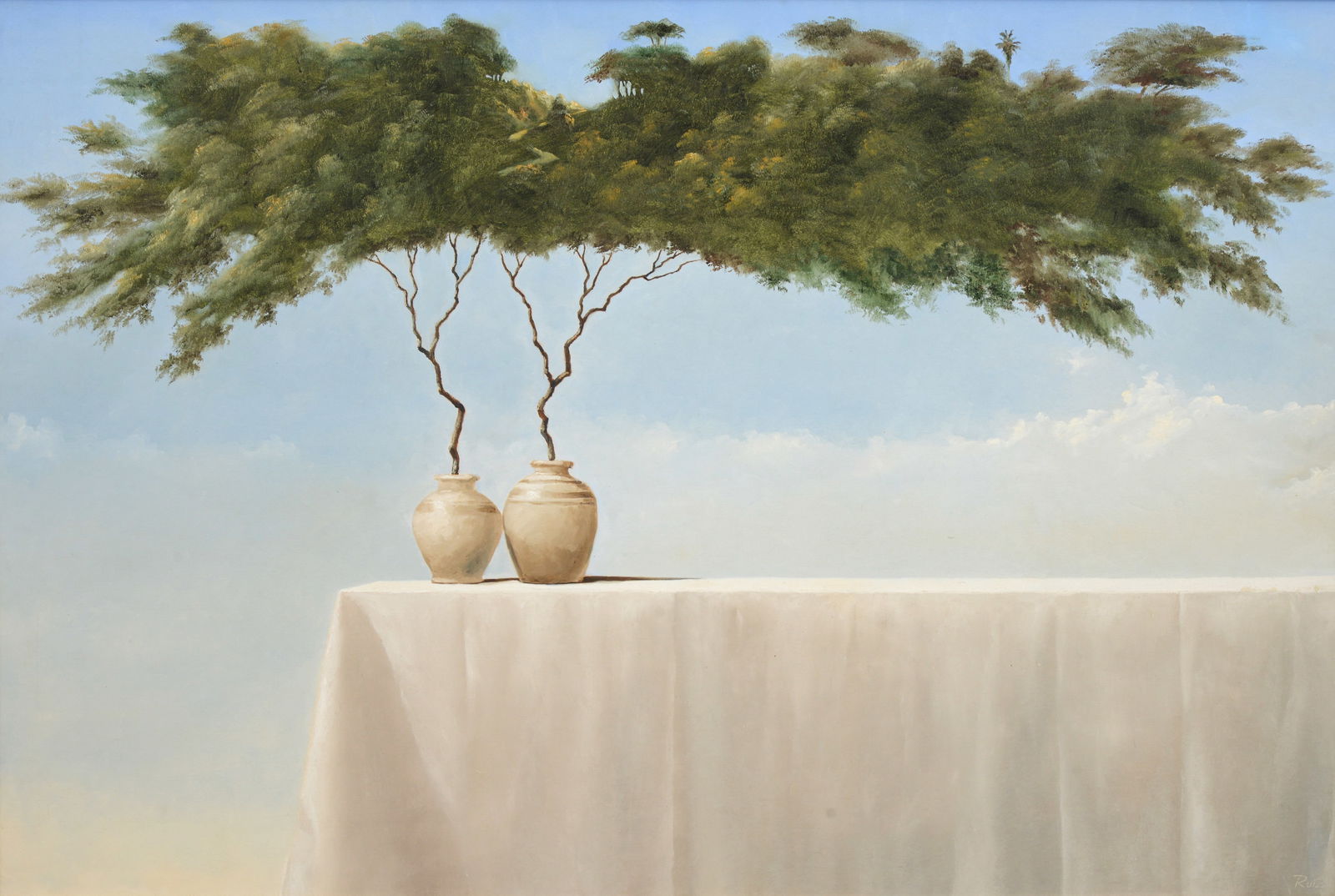 Pedro Ruiz Painting, 62"W: Artist/Designer; Manufacturer: Pedro Ruiz (Colombian, b. 1957)Marking(s); notes: signed, marking(s)Materials: oil on canvasDimensions (H, W, D): 4