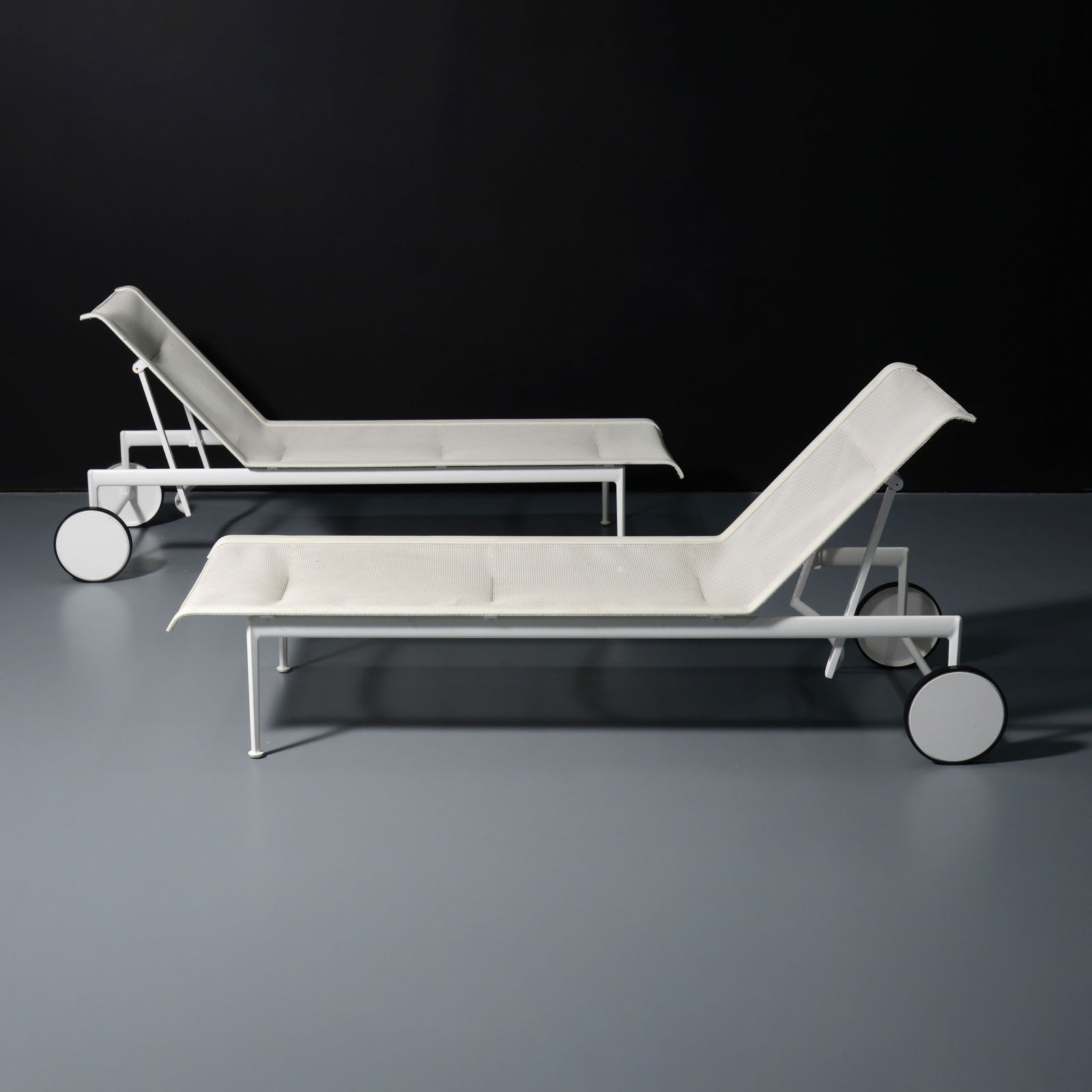 Pair of Richard Schultz Chaise Lounge Chairs: Artist/Designer; Manufacturer: Richard Schultz (American, 1926-2021); Knoll (USA)Marking(s); notes: signedMaterials: powder-coated aluminum, mesh, vinylDimensio
