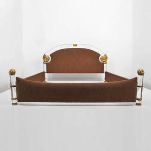Marcello Mioni "Shell" Bed: Designer & Manufacturer: Marcello Mioni Markings: none Country of Origin & Materials: USA; lucite, brass, upholstery Additional Information & Circa: Lucite and brass bed by Marcello Mioni ; c. 1980 (K