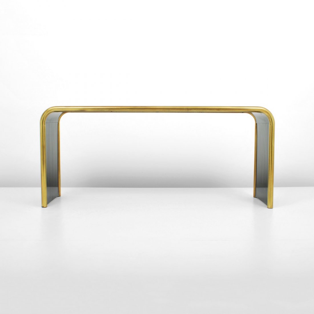Bernhard Rohne Console Table: Designer & Manufacturer: Bernhard Rohne; Mastercraft Markings: none Country of Origin & Materials: USA; brass, other Additional Information & Circa: Console/sofa table with etched brass design by Bern