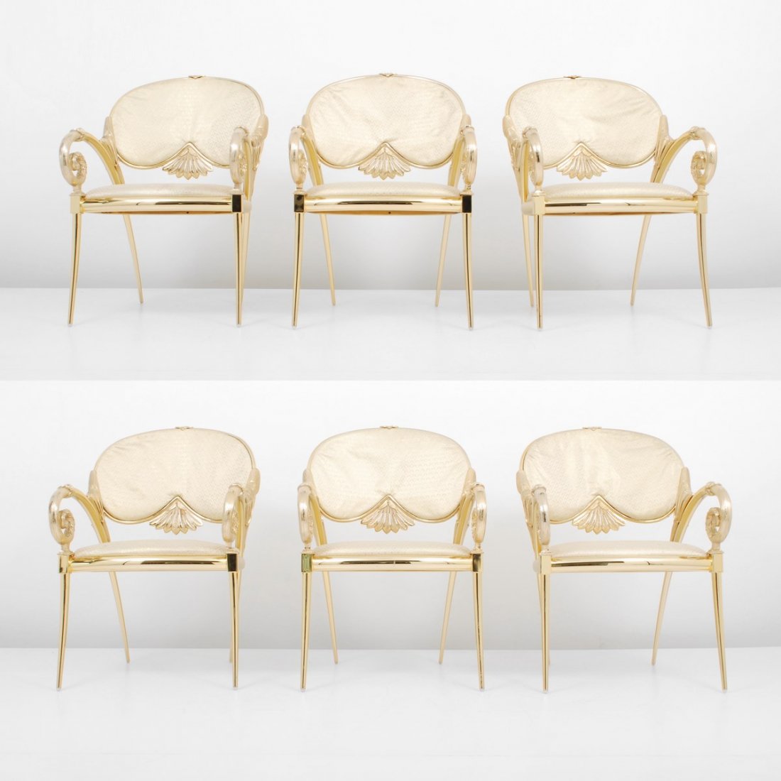 Vidal Grau Arm Chairs, Set of 6: Designer & Manufacturer: Vidal Grau Markings: marked Country of Origin & Materials: Spain; metal, upholstery Additional Information & Circa: Set of six arm chairs by Vidal Grau; 20th Century (Key Word