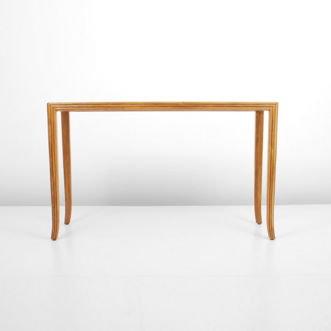 McGuire Furniture Co. Console Table: Designer & Manufacturer: McGuire Furniture Co. Markings: marked Country of Origin & Materials: USA; wood Additional Information & Circa: Console/sofa table with splayed legs by McGuire Furniture Co.; 