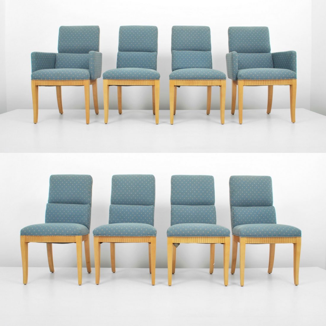 Jay Spectre Dining Chairs, Set of 8: Designer & Manufacturer: Jay Spectre; Century Furniture Co. Markings: marked Country of Origin & Materials: USA; elm, upholstery Additional Information & Circa: Set of eight dining chairs, two arm and