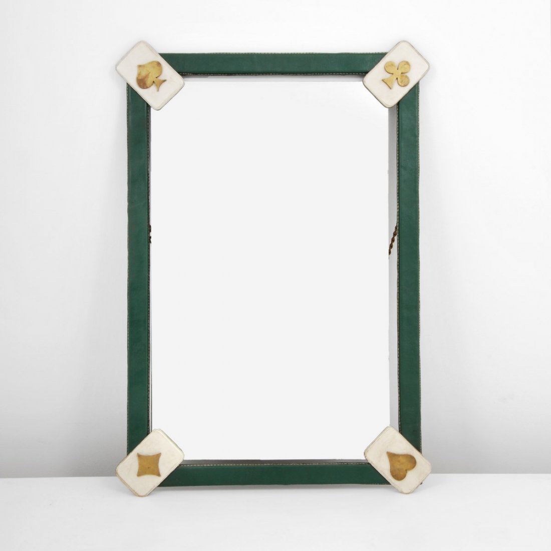 Large Jacques Adnet Mirror: Designer & Manufacturer: Jacques Adnet Markings: none Country of Origin & Materials: France; leather, mirror, brass Additional Information & Circa: Large "Card" leather mirror with brass accents by Ja
