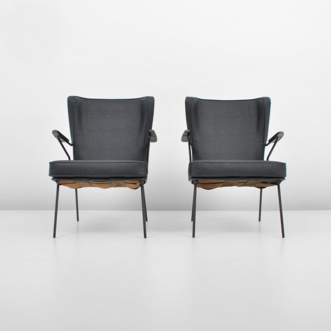 Pair of Giovanni Zoncada Lounge Chairs: Designer & Manufacturer: Giovanni (Nino) Zoncada; Altamira Markings: none Country of Origin & Materials: Italy; metal, wood, faux ostrich Additional Information & Circa: Rare pair of faux ostrich leat