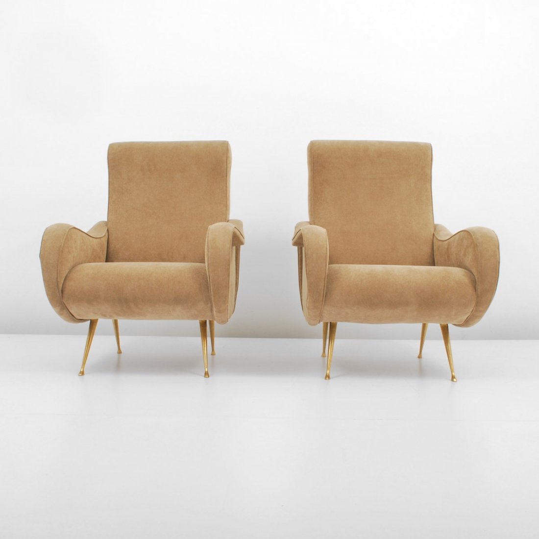 Pair of Marco Zanuso "Lady" Lounge Chairs: Designer & Manufacturer: Marco Zanuso; Arflex Markings: none Country of Origin & Materials: Italy; brass, upholstery Additional Information & Circa: Pair of "Lady" lounge chairs by Marco Zanuso; 1951