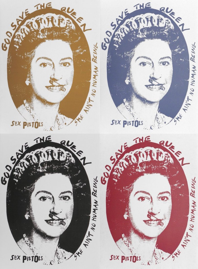 Jamie Reid "God Save The Queen" Prints: Designer & Manufacturer: Jamie Reid Country of Origin & Materials: British; silk-screen print Additional Information & Circa: "God Save The Queen" set of seven silk-screen prints by Jamie Reid (b. 195