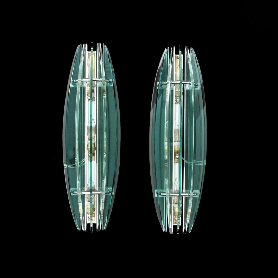 Large Pair of Italian Sconces, Fontana Arte: Designer & Manufacturer: Fontana Arte, Manner of; Veca Markings: marked Country of Origin & Materials: Italy; chrome, glass Additional Information & Circa: Large pair of glass sconces in the manner of