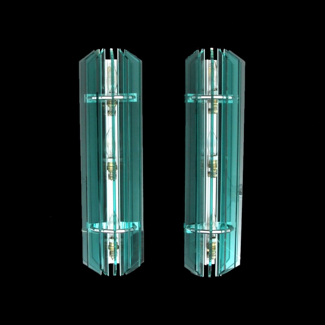Large Pair of Italian Sconces, Fontana Arte: Designer & Manufacturer: Fontana Arte, Manner of; Veca Markings: marked Country of Origin & Materials: Italy; chrome, glass Additional Information & Circa: Large pair of glass sconces in the manner of