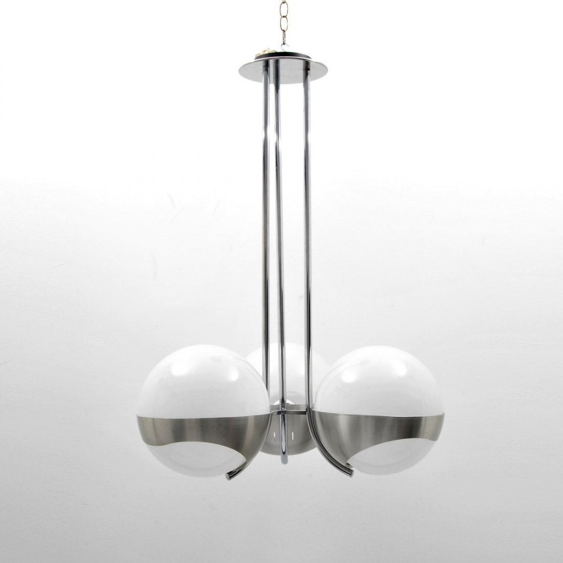 Italian Chandelier, Sarfatti: Designer & Manufacturer: Gino Sarfatti, Manner of Markings: none Country of Origin & Materials: Italy, chrome, glass Additional Information & Circa: Italian chandelier with blown glass balls in the ma