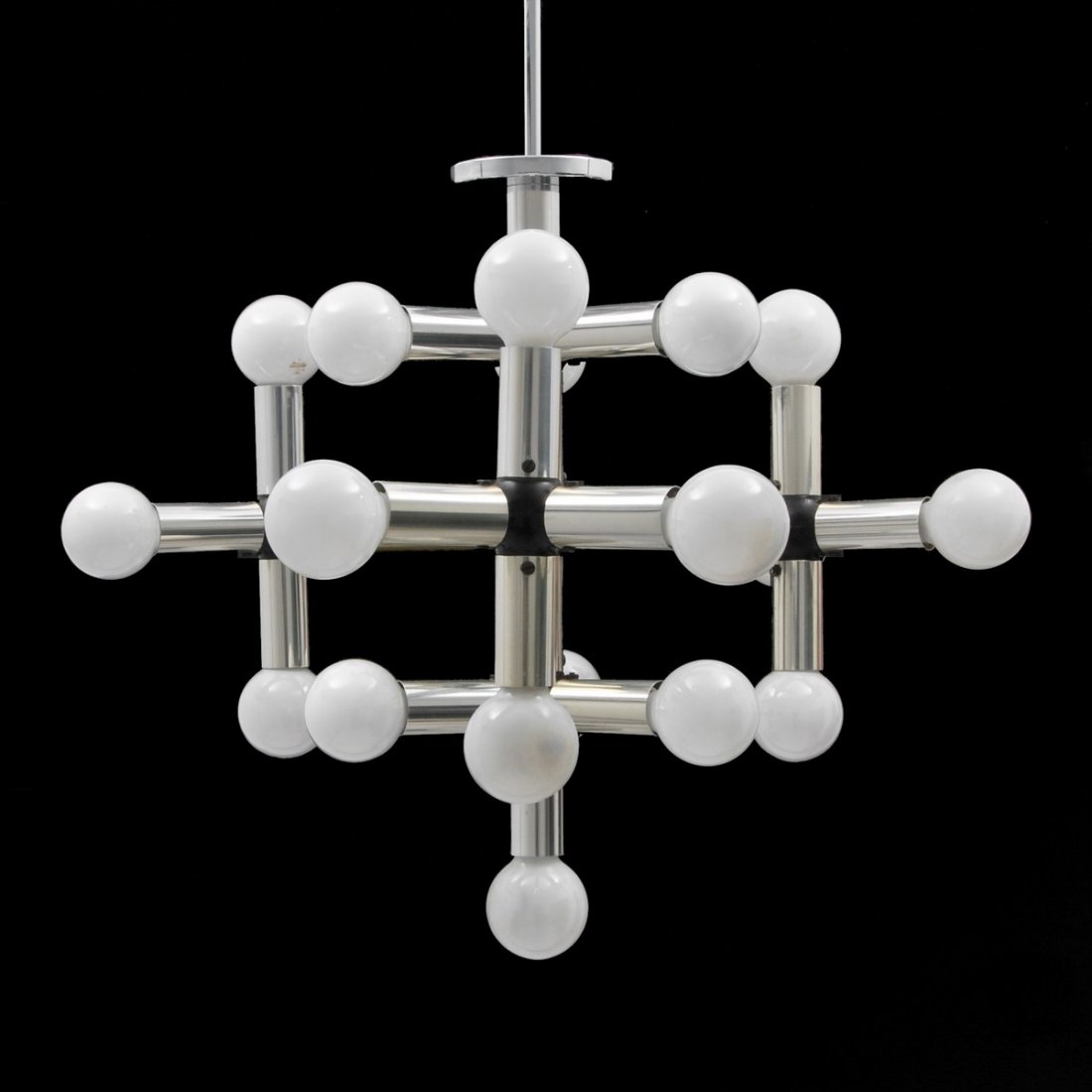 Robert Haussmann "Atom" Chandelier: Designer & Manufacturer: Robert Haussmann; Swiss Lamp International Markings: none Country of Origin & Materials: Switzerland; polished aluminum, other Additional Information & Circa: "Atom" chandelie