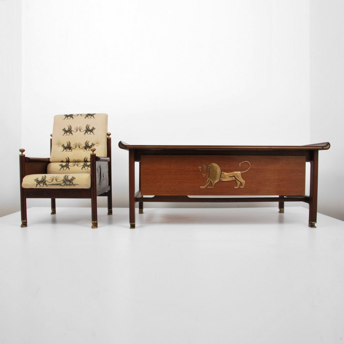Ib Kofod-Larsen "Queen of Sheba" Desk/Chair: Designer & Manufacturer: Ib Kofod-Larsen; Selig Markings: marked Country of Origin & Materials: Israel; brass, panga panga, weng, upholstery Additional Information & Circa: Rare "Queen of Sheba" execu