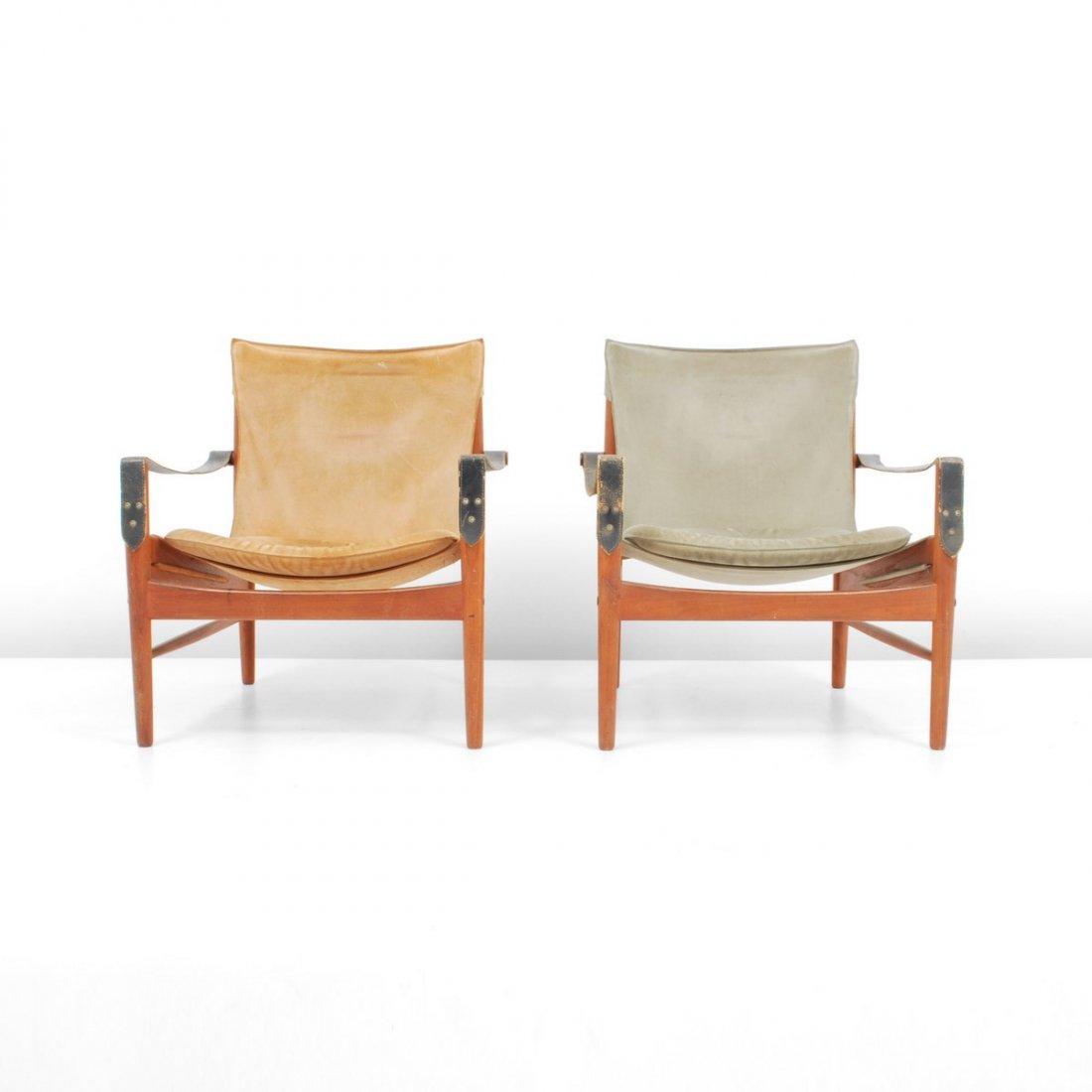 Pair of Hans Olsen "Safari" Lounge Chairs: Designer & Manufacturer: Hans Olsen; Viskadalens Mobelindustri Markings: none Country of Origin & Materials: Sweden; suede, leather, teak Additional Information & Circa: Pair of "Safari" lounge chairs
