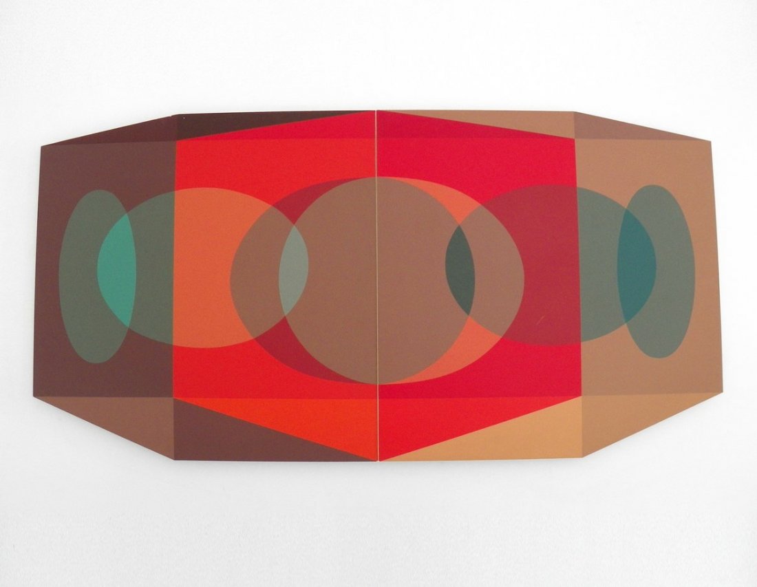 Ben Cunningham Op Art Diptych, e. 38/125: Designer & Manufacturer: Benjamin Frazier Cunningham Markings: marked; e. 38/125 Country of Origin & Materials: American; silkscreen on panel Additional Information & Circa: Op art diptych produced in