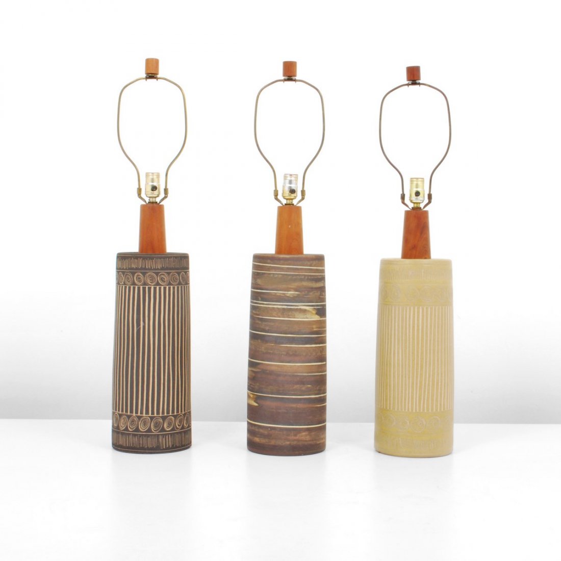 Gordon & Jane Martz Lamps, Set of 3: Designer & Manufacturer: Gordon & Jane Martz Markings: marked Country of Origin & Materials: USA; pottery, wood Additional Information & Circa: Set of three lamps by Gordon & Jane Martz; c. 1960 (Key