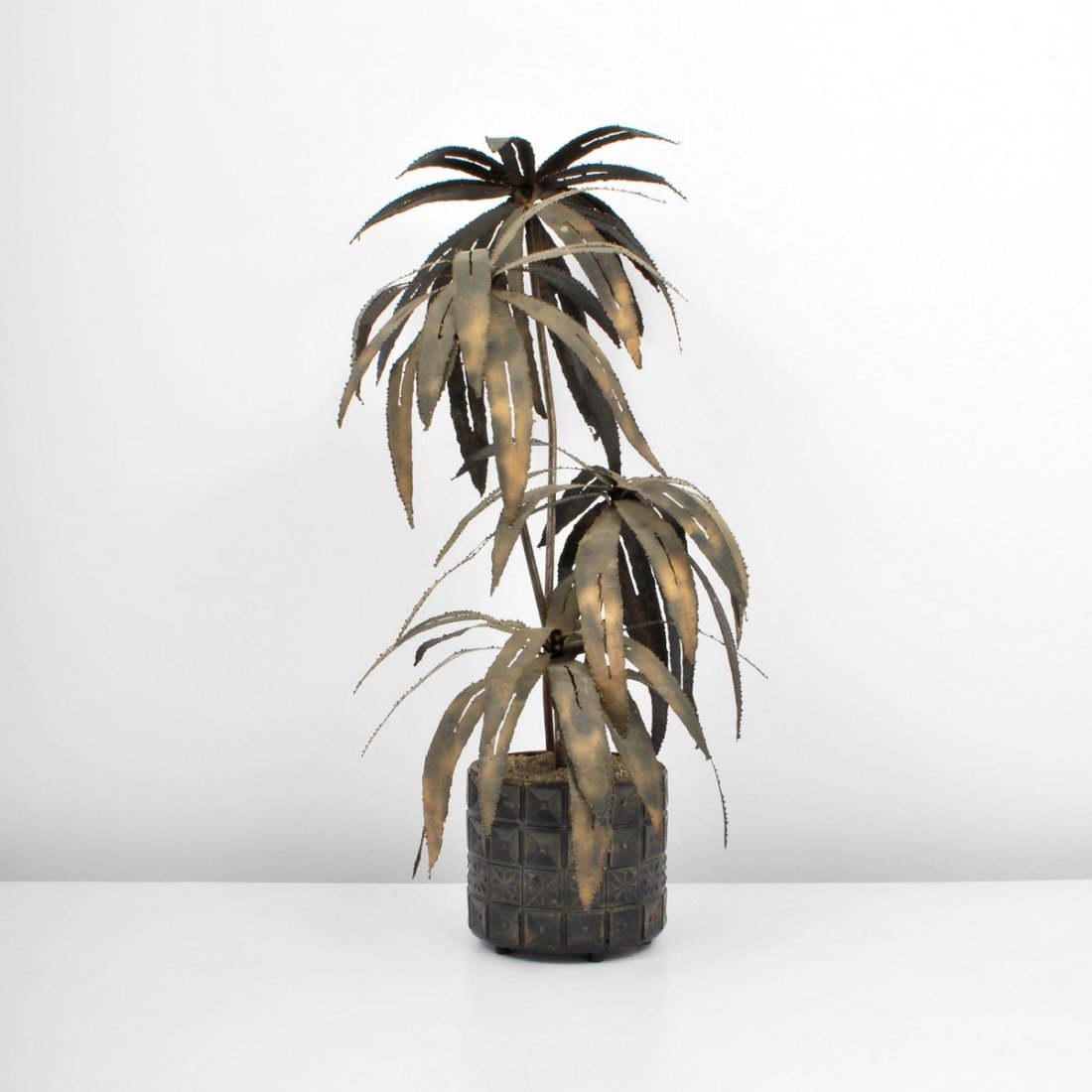 Large Palm Tree Sculpture/Lamp, Curtis Jere: Designer & Manufacturer: Curtis Jere, Attributed; Artisan House Markings: none Country of Origin & Materials: USA; metal, other Additional Information & Circa: Large palm tree sculpture with lamp attr