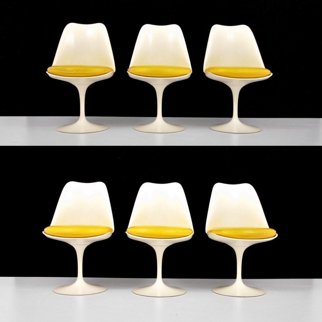 Eero Saarinen "Tulip" Chairs, Set of 6: Designer & Manufacturer: Eero Saarinen; Knoll International Markings: marked Country of Origin & Materials: USA; upholstery, plastic Additional Information & Circa: Set of six swivel "Tulip" dining ch