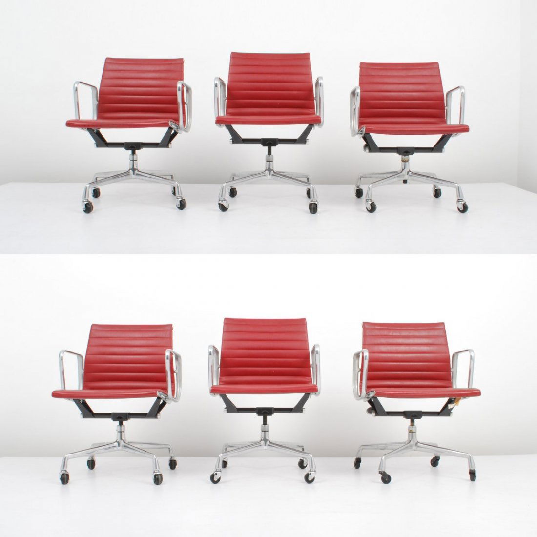 Charles & Ray Eames "Aluminum Group" Chairs, Set of 6: Designer & Manufacturer: Charles & Ray Eames; Herman Miller Markings: marked Country of Origin & Materials: USA; aluminum, steel, upholstery, other Additional Information & Circa: Set of six adjustabl
