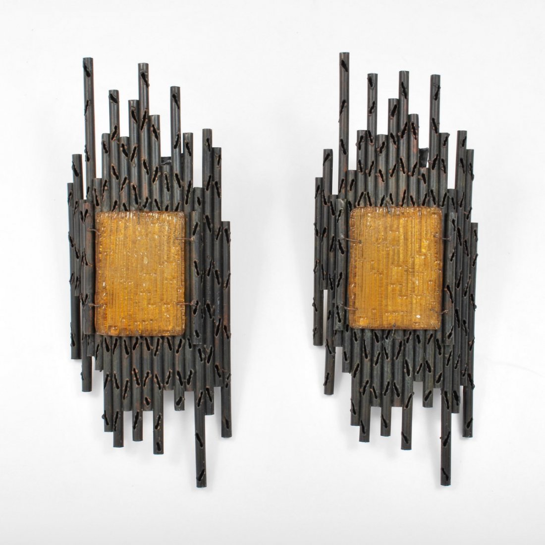 Pair of Brutalist Sconces, Paul Evans: Designer & Manufacturer: Paul Evans, Manner of Markings: none Country of Origin & Materials: unknown; metal, resin Additional Information & Circa: Pair of brutalist sconces in the manner of Paul Evans