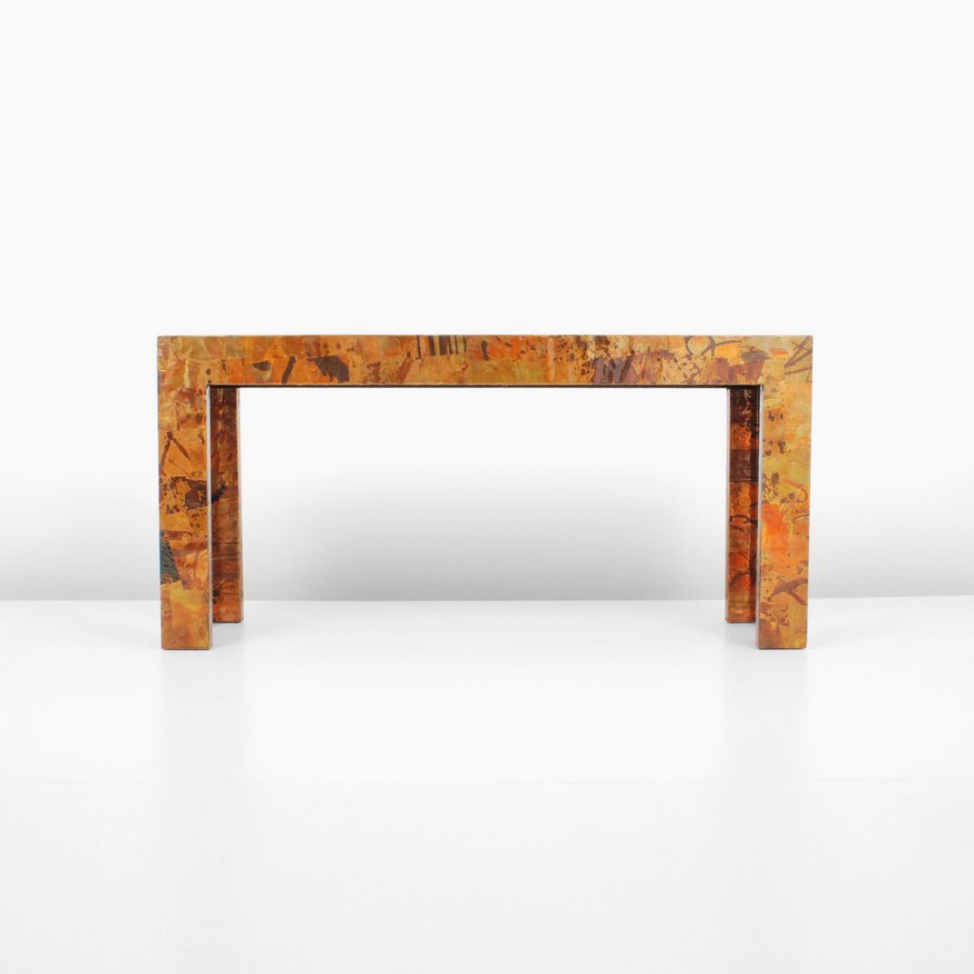 Brutalist Console Table, Manner of Paul Evans: Designer & Manufacturer: Paul Evans, Manner of Markings: none Country of Origin & Materials: USA; copper, mixed metals Additional Information & Circa: Brutalist patchwork console/sofa table in the man