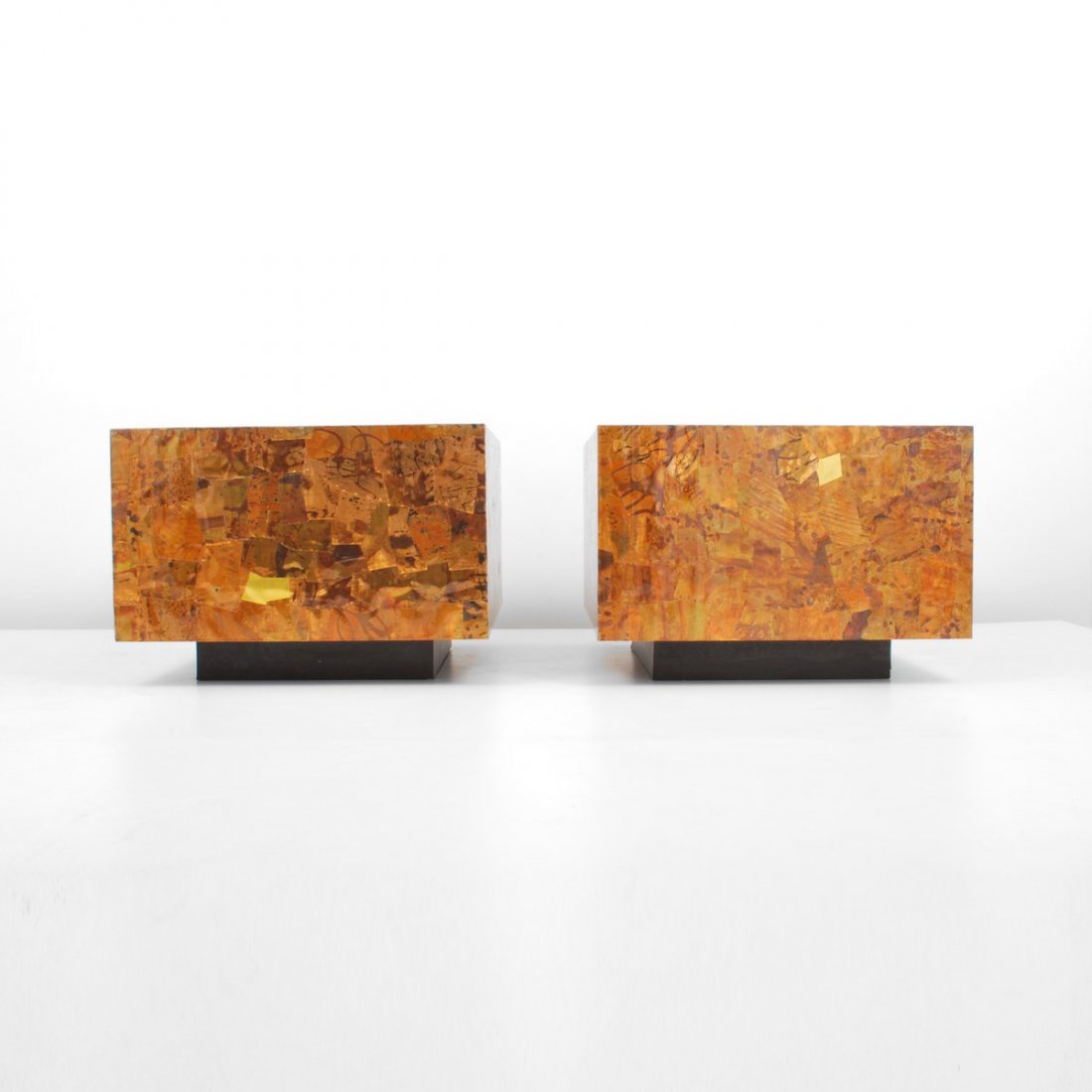Pair of Brutalist Occasional Tables, Paul Evans: Designer & Manufacturer: Paul Evans, Manner of Markings: none Country of Origin & Materials: USA; copper, mixed metals, wood, mica Additional Information & Circa: Pair of brutalist patchwork occasiona