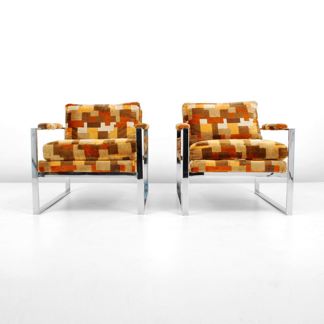 Pair of Lounge Chairs, Milo Baughman: Designer & Manufacturer: Milo Baughman, Attributed; Thayer Coggin Markings: none Country of Origin & Materials: USA; chrome, upholstery Additional Information & Circa: Pair of lounge chairs attributed