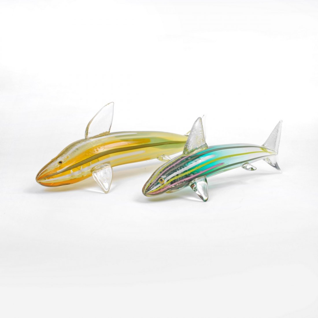 Pair of Cenedese "Battuto Sommerso" Fish: Designer & Manufacturer: Cenedese Markings: marked Country of Origin & Materials: Italy; glass Additional Information & Circa: Pair of "Battuto Sommerso" fish figurines by Cenedese, Murano, Italy. Bot