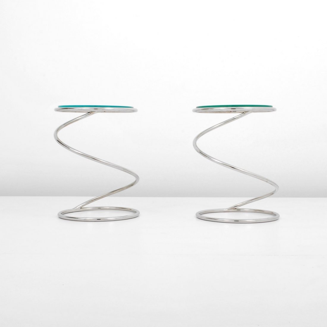 Pair of Pace "Spring" End Tables: Designer & Manufacturer: Pace Collection Markings: none Country of Origin & Materials: USA; chrome, glass Additional Information & Circa: Pair of "Spring" end/side tables by Pace Collection; c. 1970 (