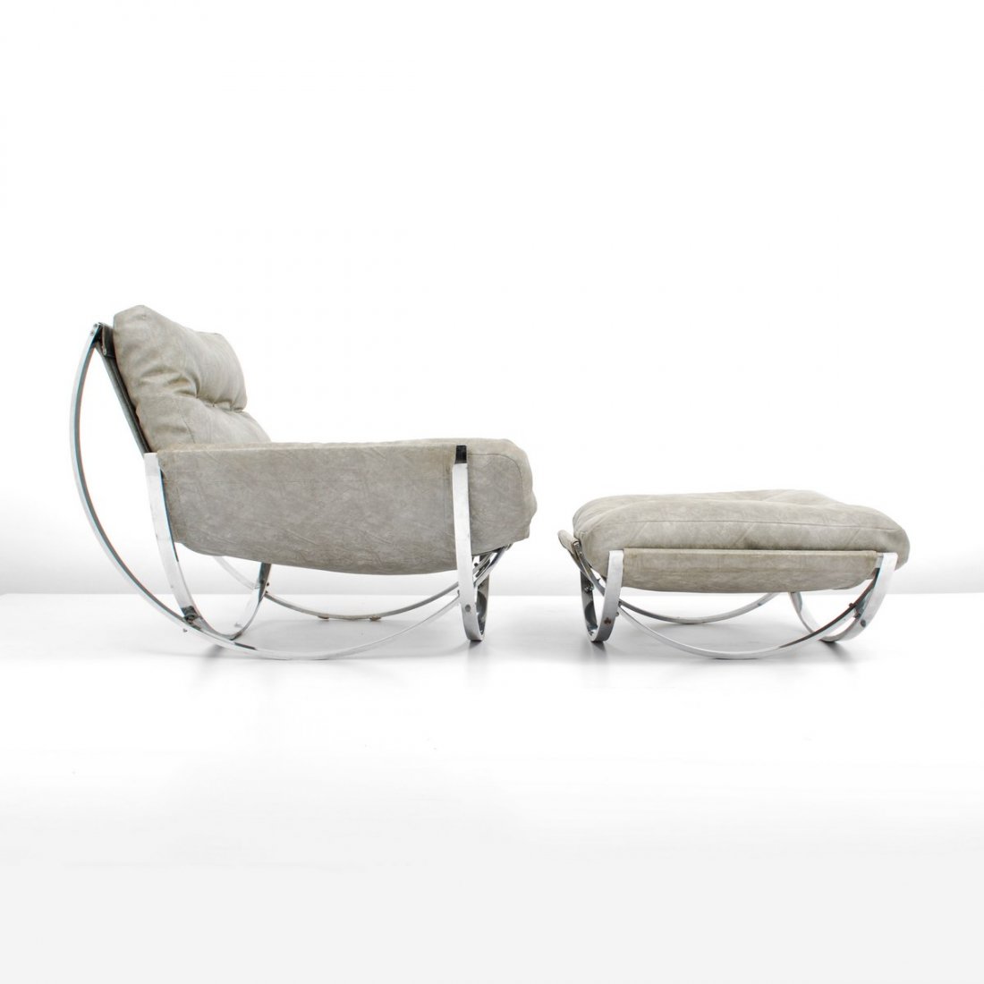 Milo Baughman Lounge Chair & Ottoman: Designer & Manufacturer: Milo Baughman; Thayer Coggin Markings: none Country of Origin & Materials: USA; chrome, upholstery Additional Information & Circa: Large lounge chair and ottoman by Milo Baugh