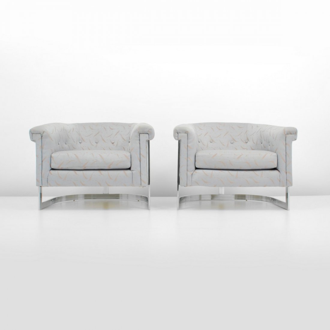 Pair of Lounge Chairs, Milo Baughman: Designer & Manufacturer: Milo Baughman, Attributed; Thayer Coggin Markings: none Country of Origin & Materials: USA; chrome, upholstery Additional Information & Circa: Pair of lounge chairs attributed
